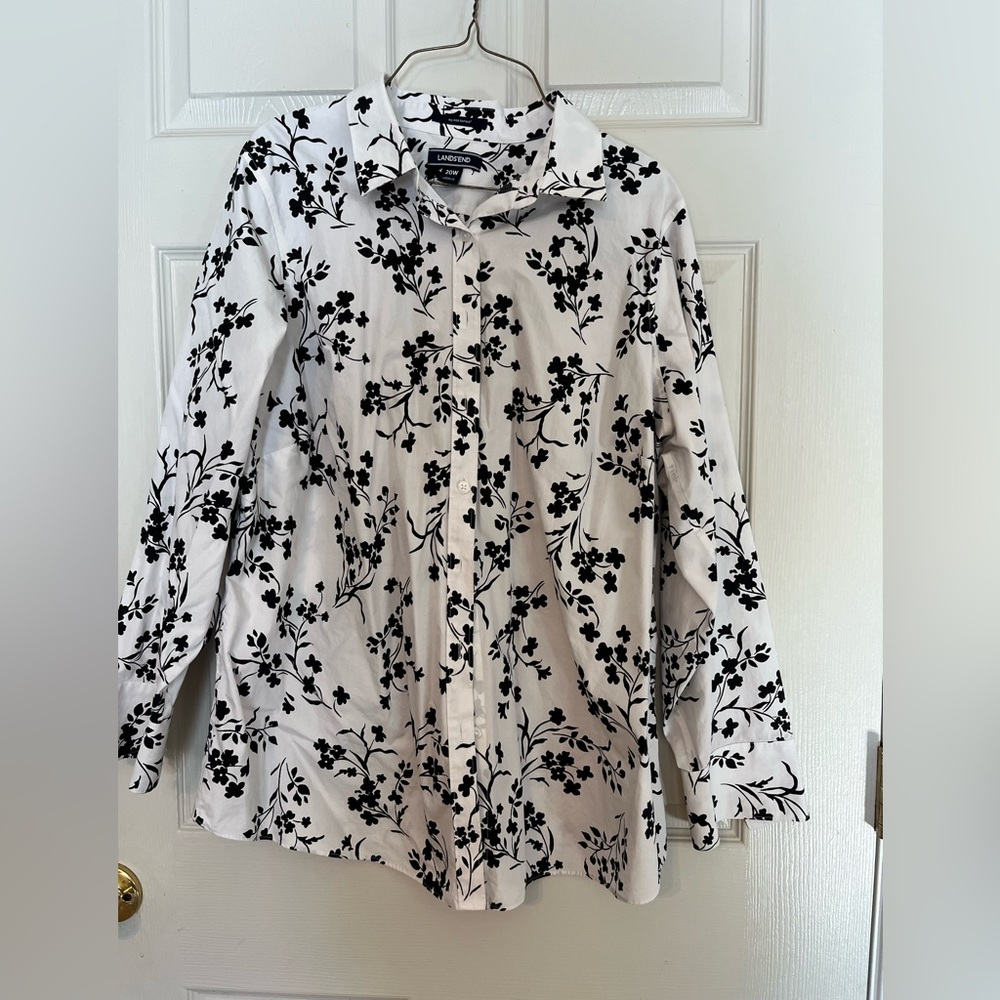 Lands' End Black and White Floral Button Down Shirt 20w